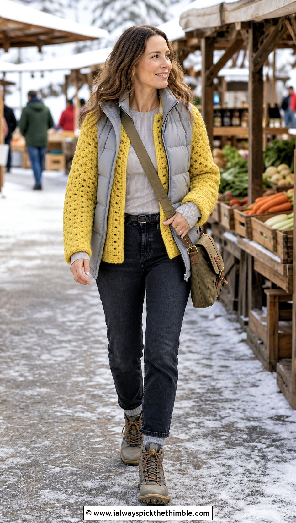 Chunky Granny Stitch Cardigan With Puffer Vest - 25 crochet granny cardigan outfit ideas