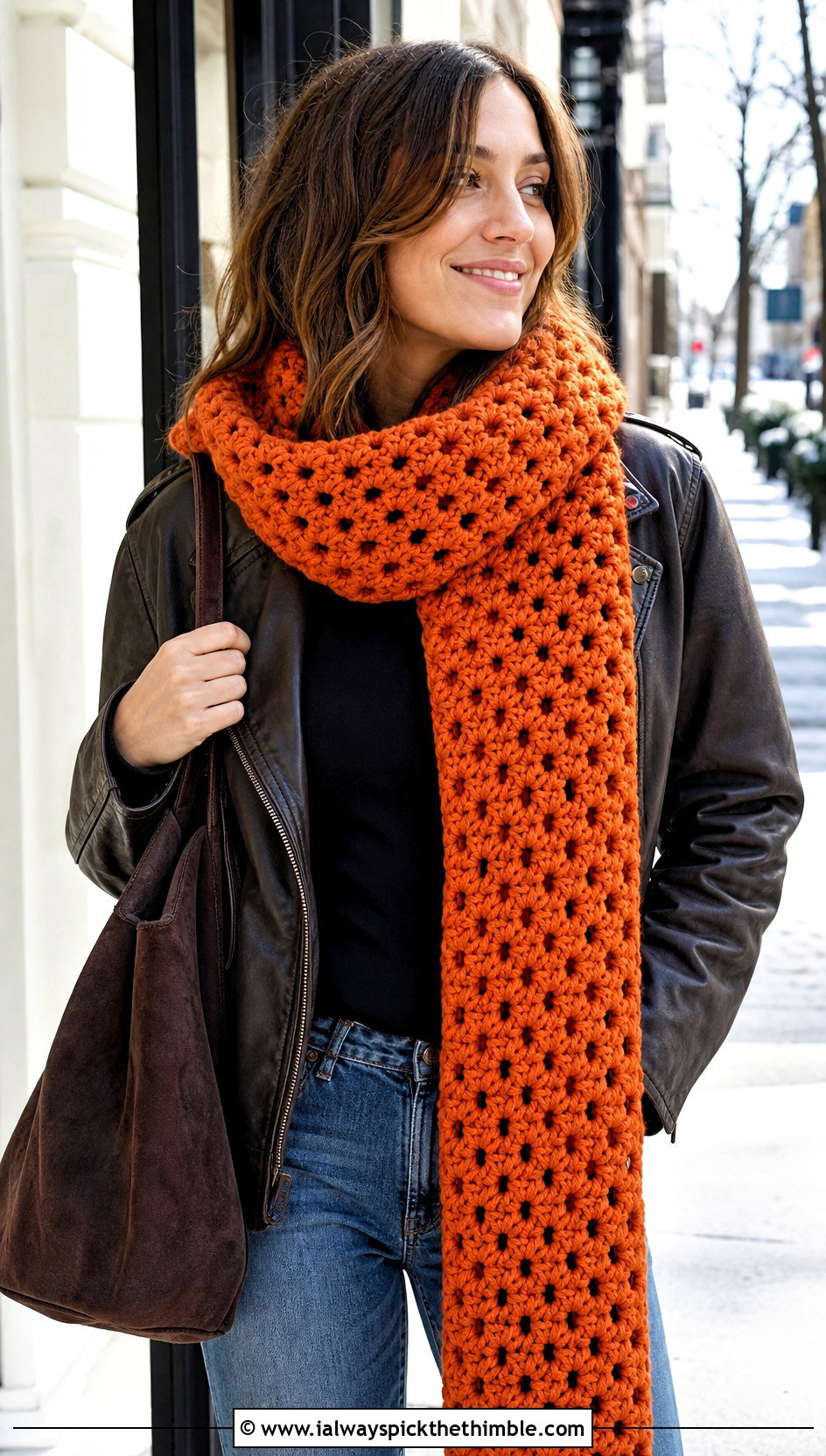 Chunky Granny Stitch Scarf With Leather Jacket - 20 crochet granny stitch scarf outfit ideas