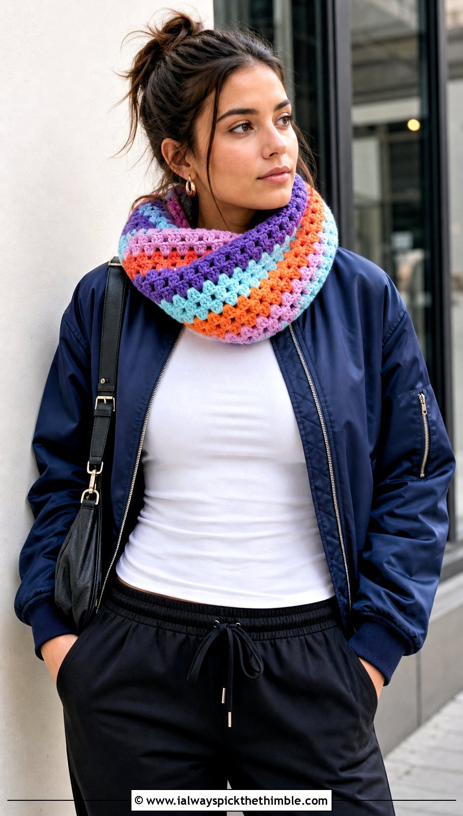 Chunky Granny Stripe Crochet Cowl With Bomber Jacket - 20 crochet chunky cowl outfit ideas