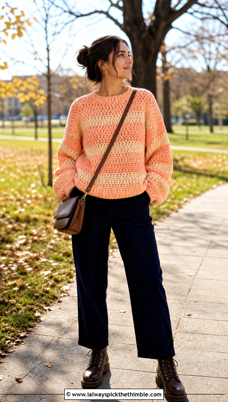 Chunky Granny Stripe Crochet Pullover With Corduroy Pants - 15 love my granny crochet pullover outfit ideas