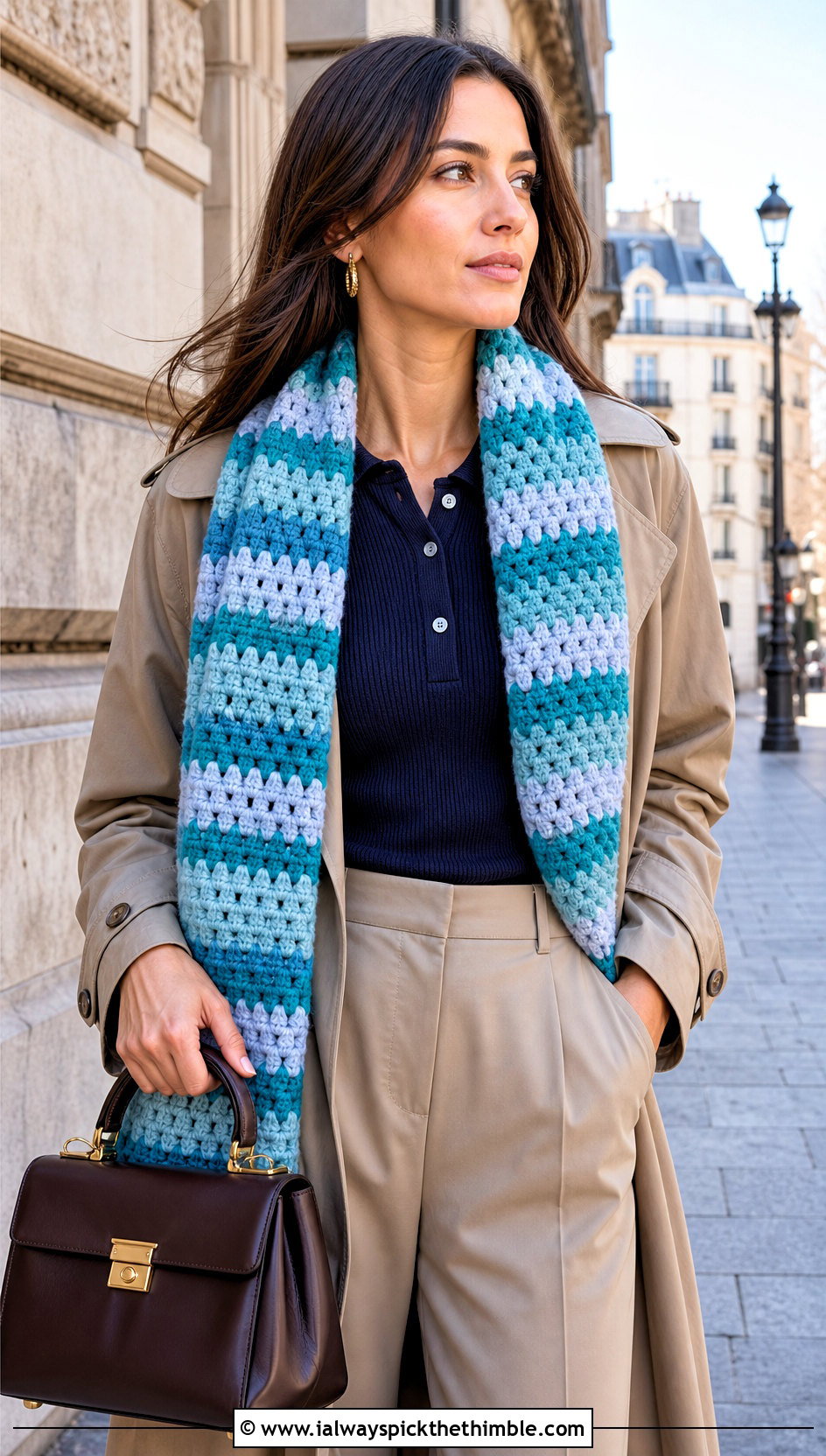 Chunky Granny Stripe Crochet Scarf With Trench Coat - 20 Chunky Yarn Crochet Scarf outfit ideas