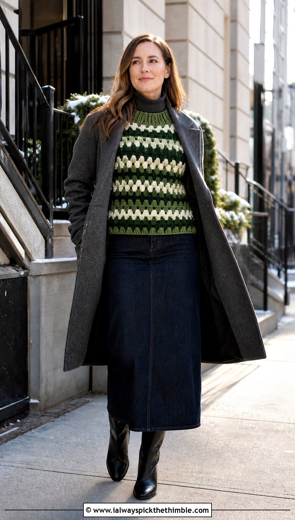 Chunky Granny Stripe Crochet Vest With Turtleneck And Maxi Skirt - 15 granny stripe crochet vest outfit ideas
