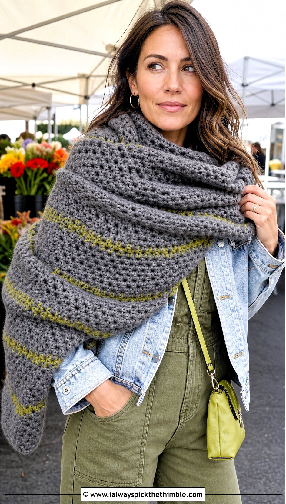 Chunky Gray Crochet Blanket Scarf With Denim Jacket And Utility Jumpsuit - 15 Chunky Gray Crochet Scarf outfit ideas