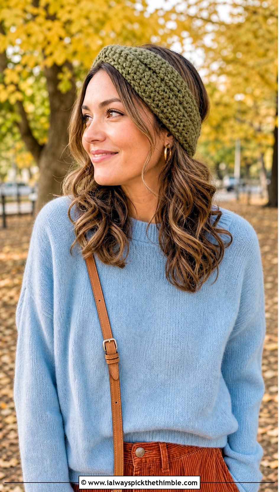 Chunky Green Crochet Headband With Sweater And Corduroy Pants - 20 green crochet headband outfit ideas