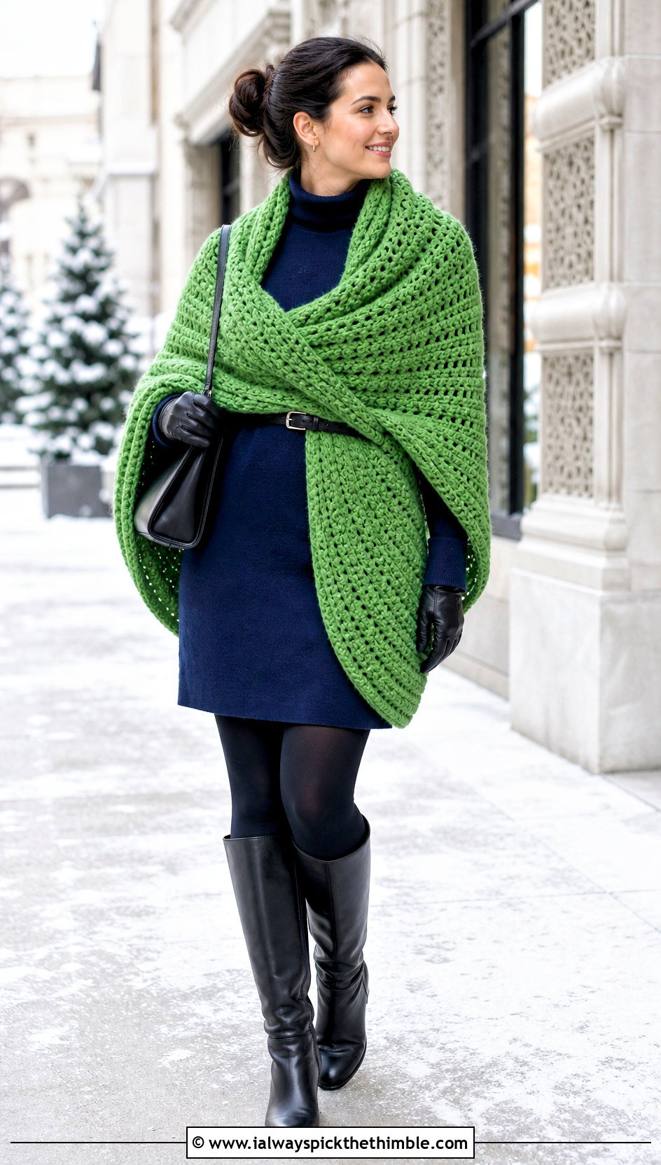 Chunky Half Moon Shawl With Sweater Dress - 15 Crochet Moon Shawl outfit ideas