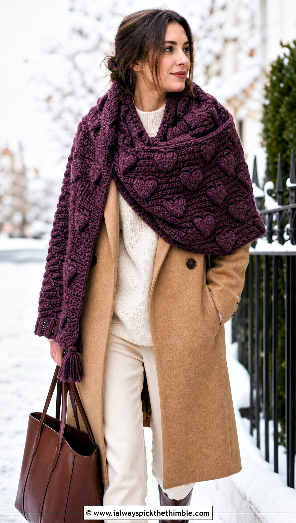 Chunky Heart Crochet Shawl With Wool Coat - 20 Heart Crochet Shawl outfit ideas