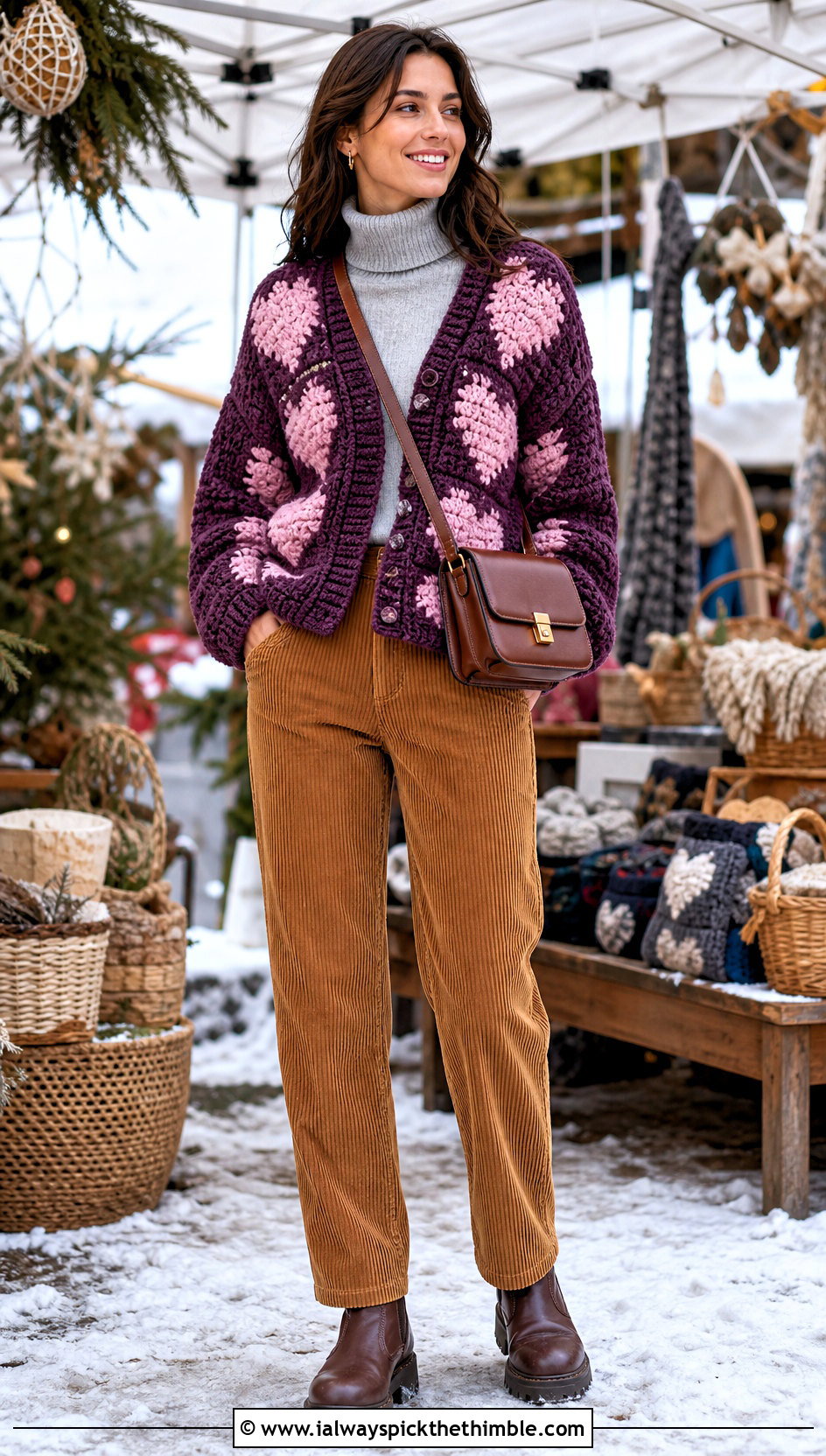 Chunky Heart Granny Square Cardigan With Corduroy Pants - 25 Heart Granny Square Cardigan outfit ideas