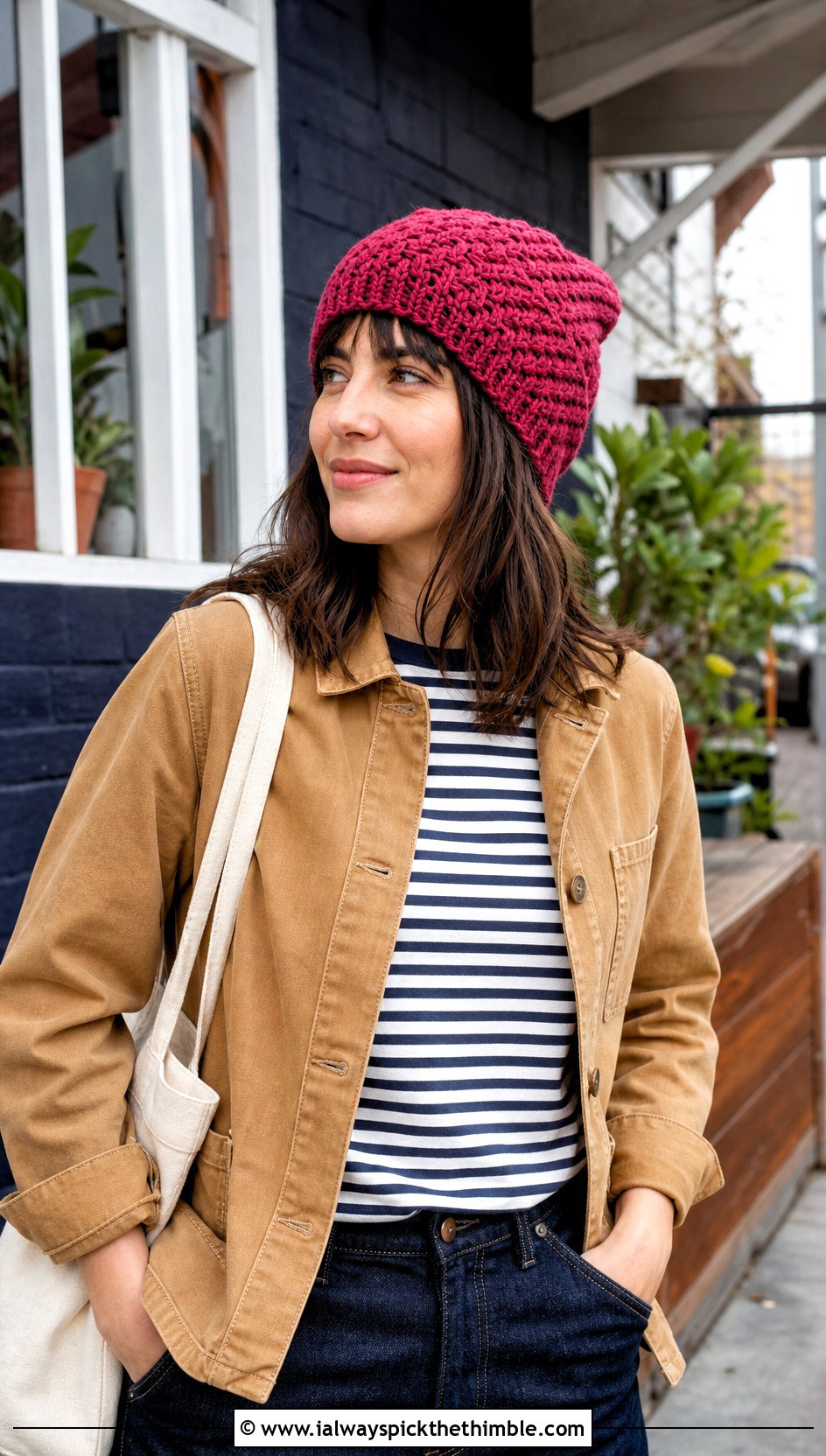 Chunky Herringbone Crochet Beanie With Chore Jacket - 25 chunky crochet beanie outfit ideas