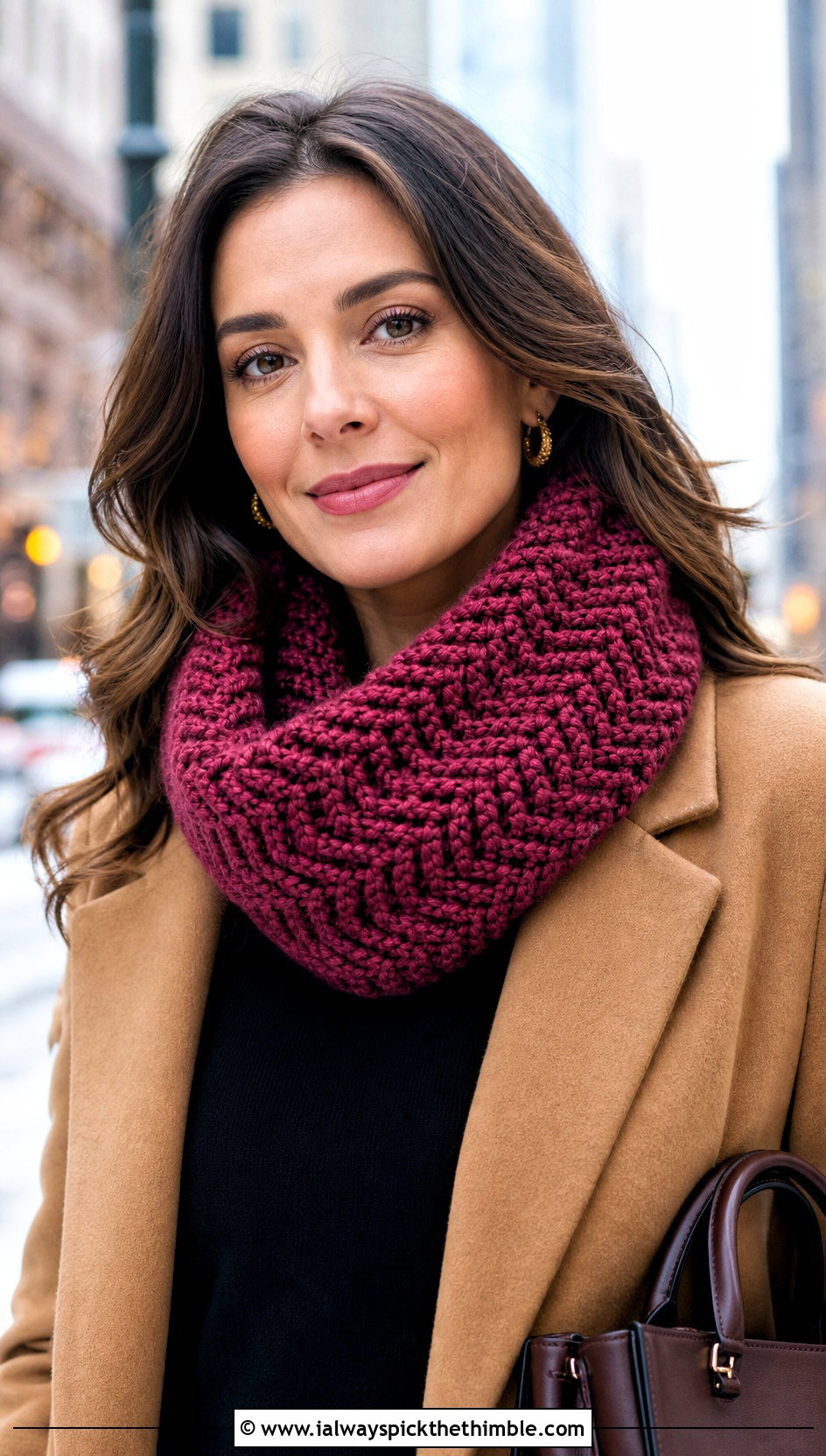 Chunky Herringbone Crochet Cowl With Camel Coat - 20 chunky crochet cowl outfit ideas