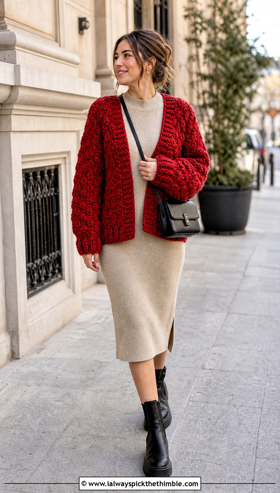 Chunky Hex Crochet Cardigan With Knit Midi Dress - 25 hex crochet cardigan outfit ideas