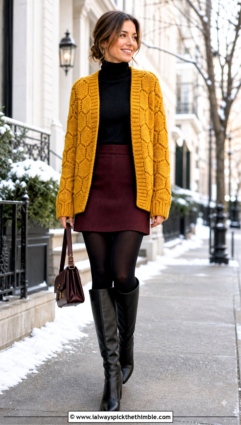 Chunky Hexagon Cardigan With Mini Skirt And Tights - 25 crochet hexagon sweater outfit ideas