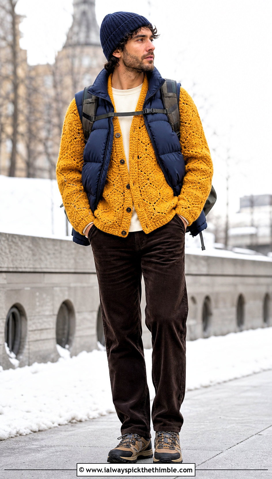 Chunky Hexagon Cardigan With Puffer Vest - 25 men hexagon crochet cardigan outfit ideas