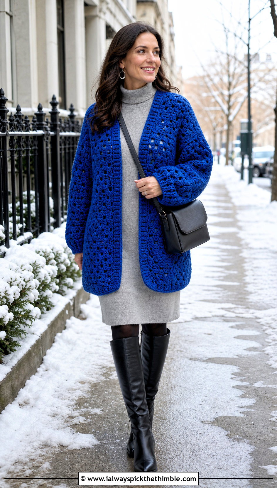 Chunky Hexagon Crochet Cardigan With Knit Dress - 25 hexagon crochet cardigan outfit ideas