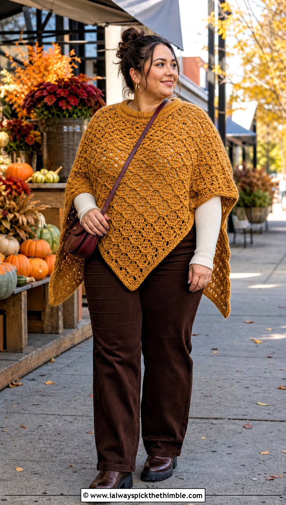 Chunky Hexagon Crochet Poncho With Corduroy Trousers - 20 Hexagon Crochet Poncho outfit ideas