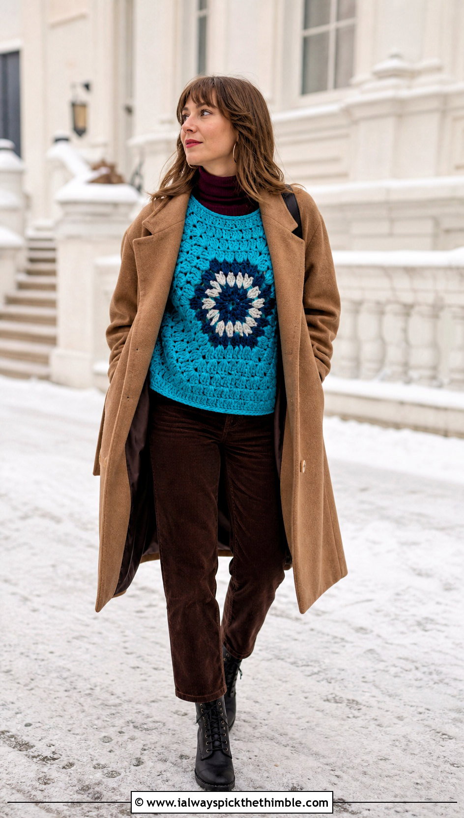 Chunky Hexagon Granny Square Pullover With Layered Winter Coat - 20 Hexagon Granny Square Pullover outfit ideas