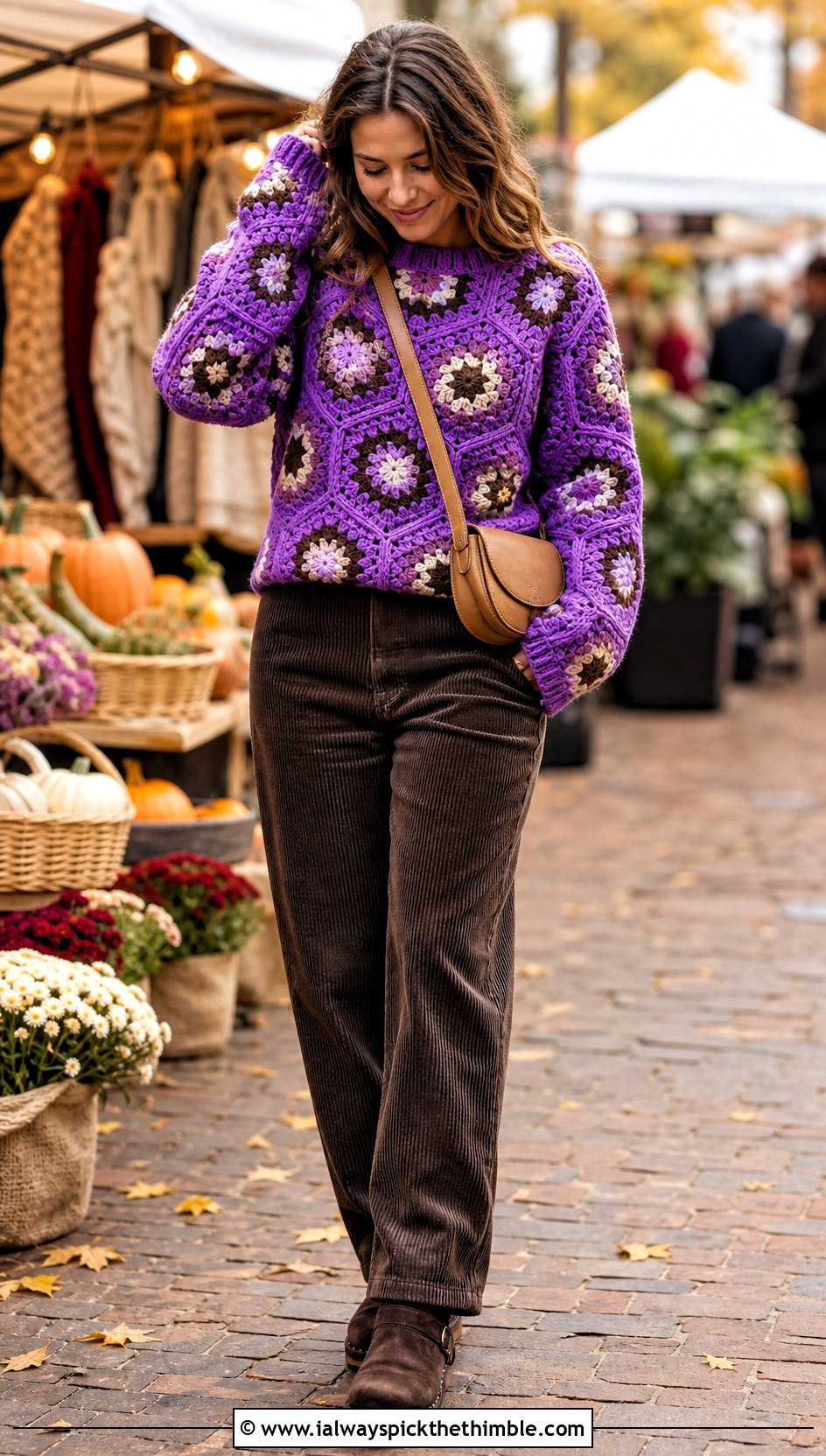 Chunky Hexagon Granny Square Sweater With Corduroy Pants - 25 hexagon granny square sweater outfit ideas