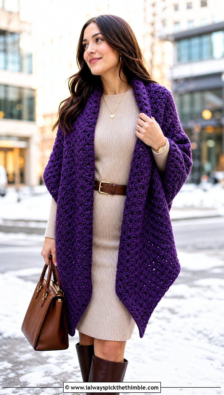 Chunky Hexagon Shawl With Sweater Dress - 20 Crochet Hexagon Shawl outfit ideas
