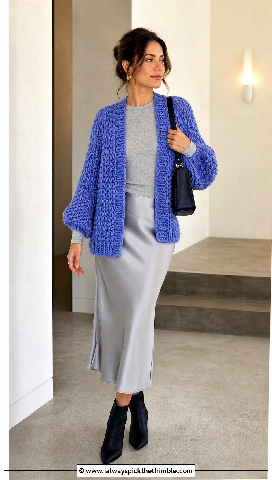 Chunky Hexi Cardi With Satin Bias Skirt - 25 crochet hexi cardi outfit ideas