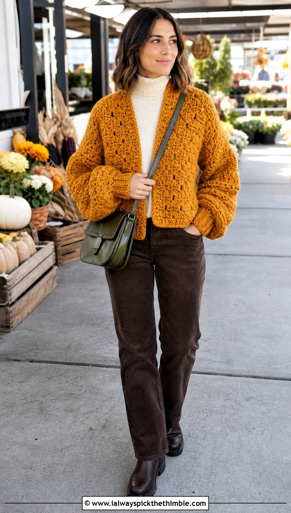 Chunky Hexi Crochet Cardigan With Corduroy Pants - 25 hexi crochet cardigan outfit ideas