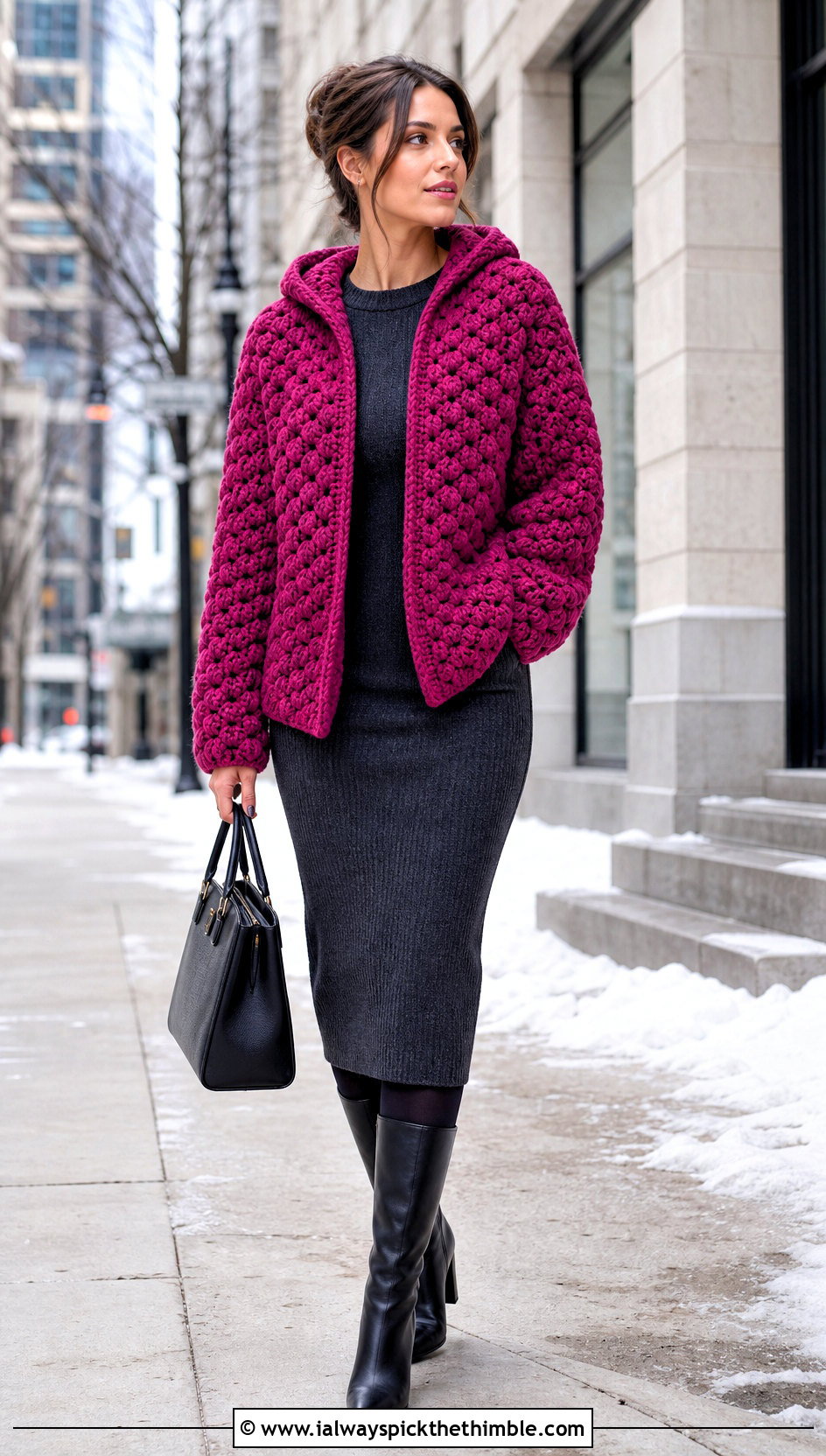 Chunky Hexi Crochet Hoodie With Knit Midi Dress - 20 hexi crochet hoodie outfit ideas