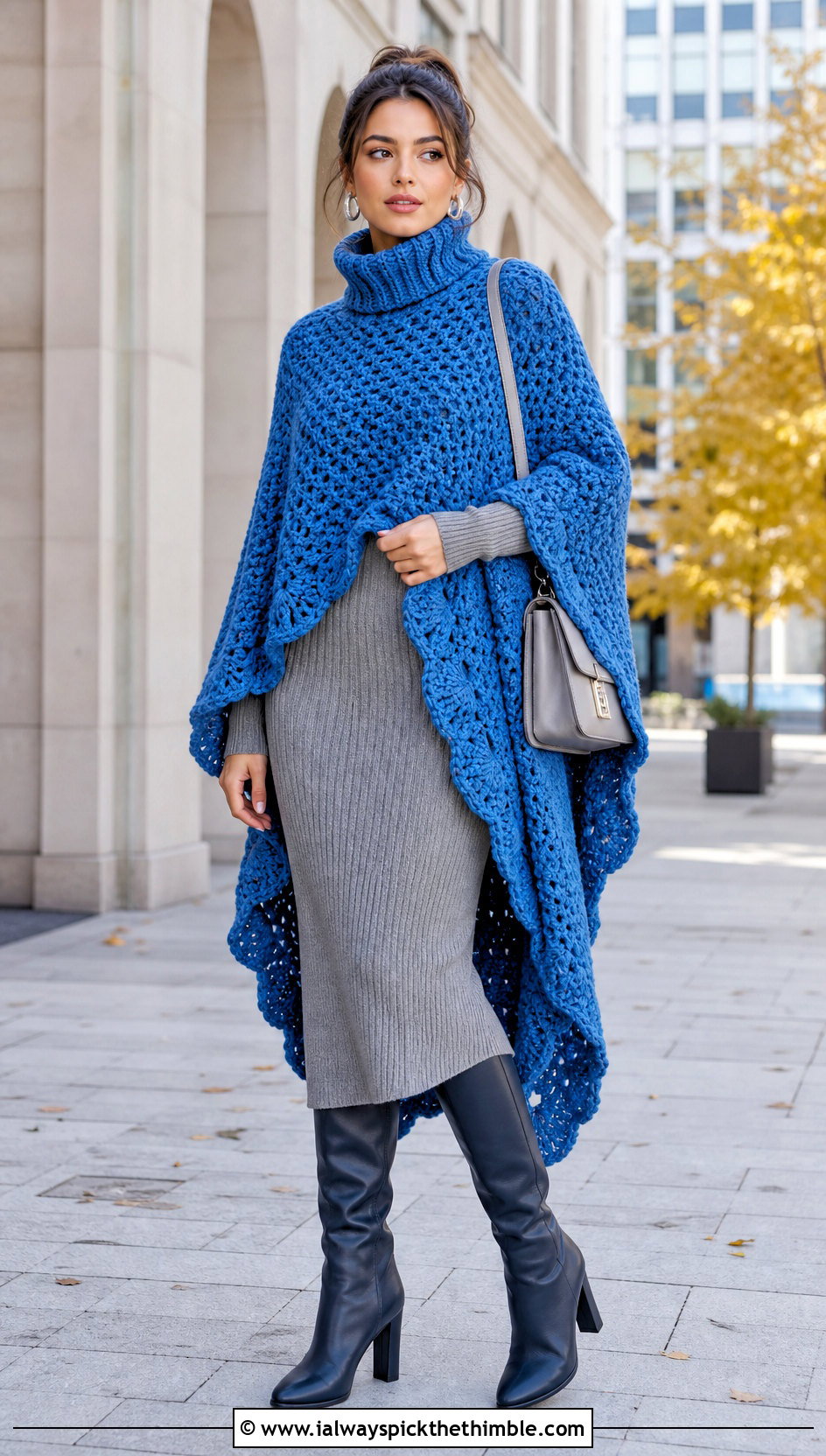 Chunky High Neck Crochet Long Poncho With Maxi Dress - 15 Crochet Long Poncho outfit ideas