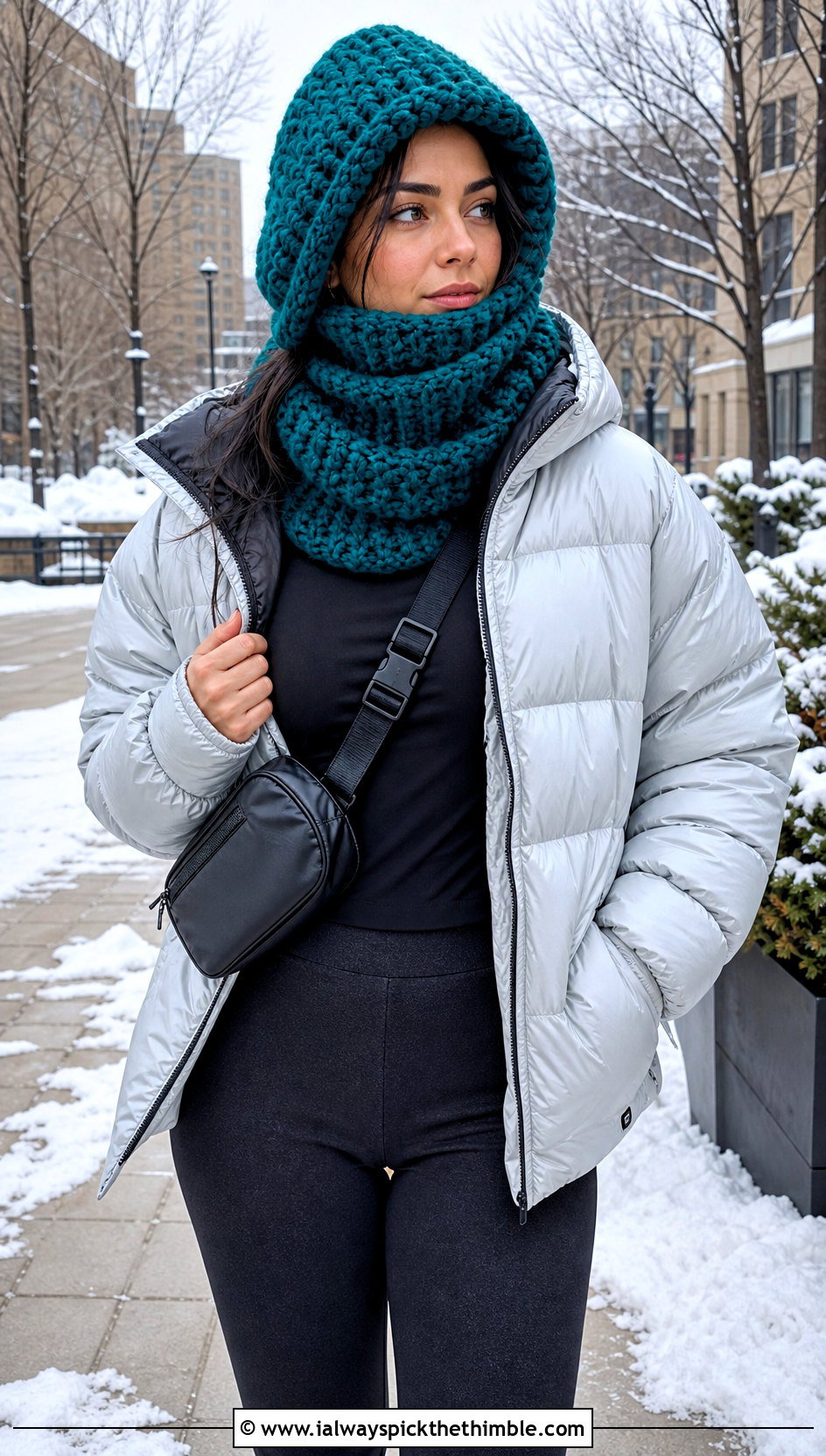 Chunky Hooded Cowl Balaclava With Puffer Jacket - 20 hooded crochet balaclava outfit ideas