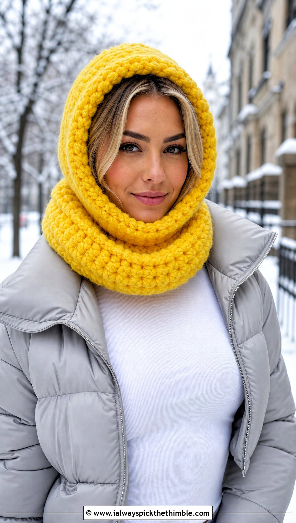 Chunky Hooded Cowl Crochet Balaclava With Puffer Jacket - 25 crochet baclava hat outfit ideas