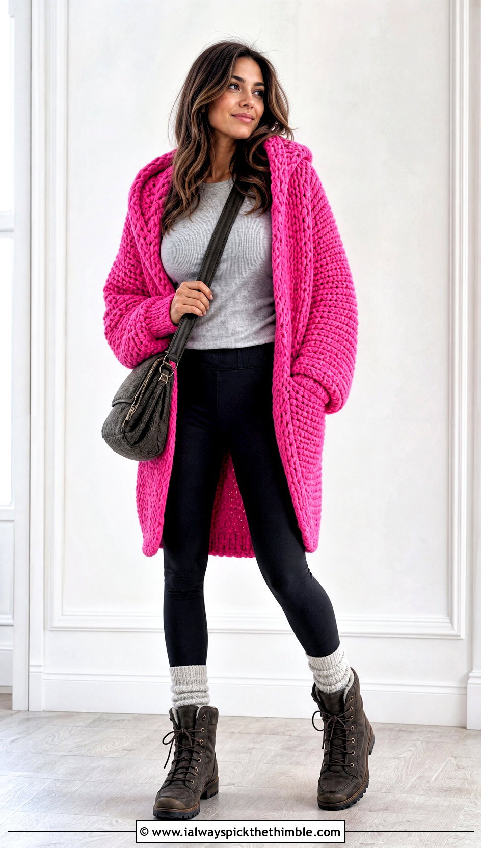 Chunky Hooded Crochet Cardigan With Winter Leggings - 20 crochet winter cardigan outfit ideas