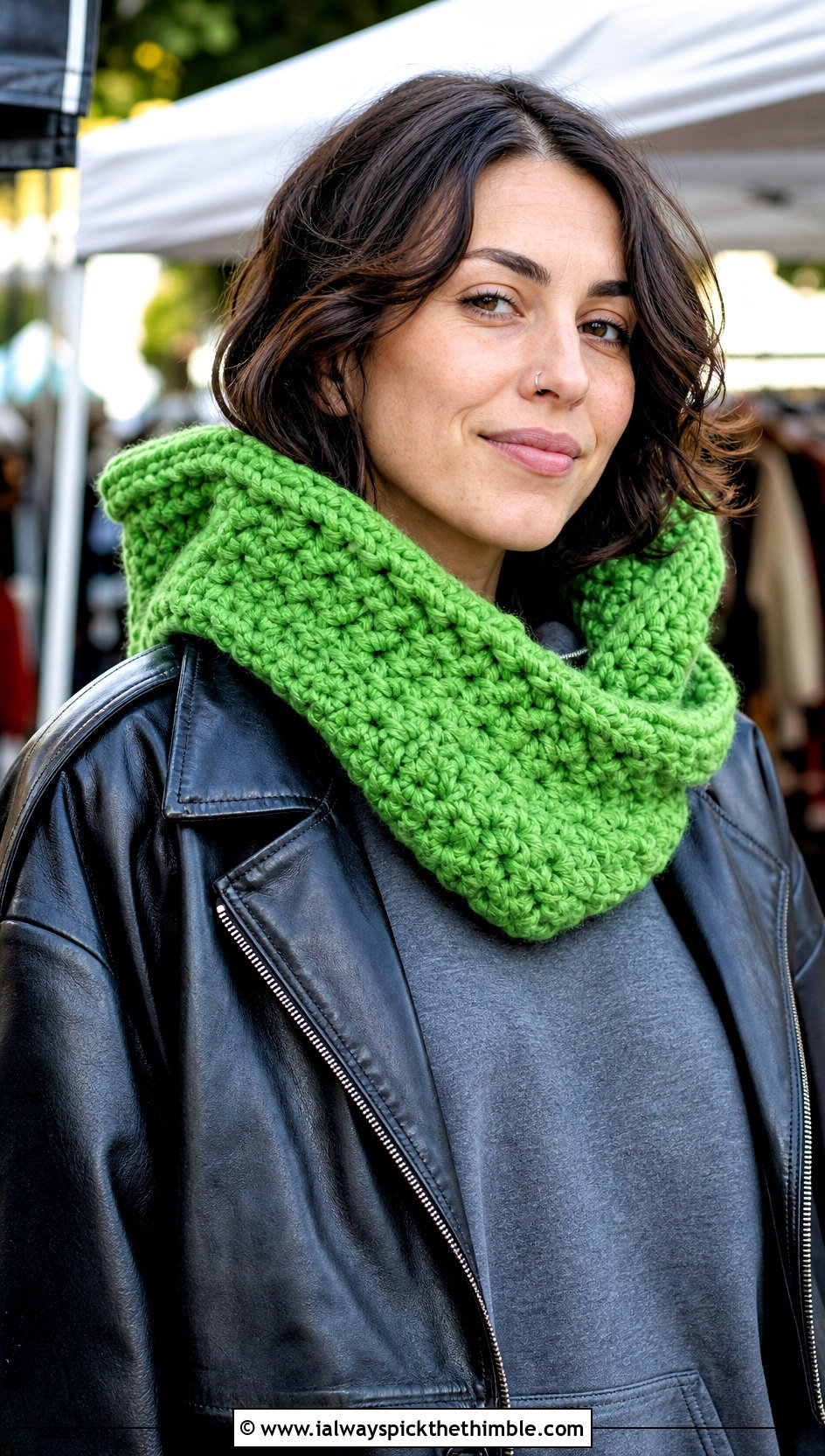 Chunky Hooded Crochet Cowl With Leather Jacket - 20 crochet chunky cowl outfit ideas