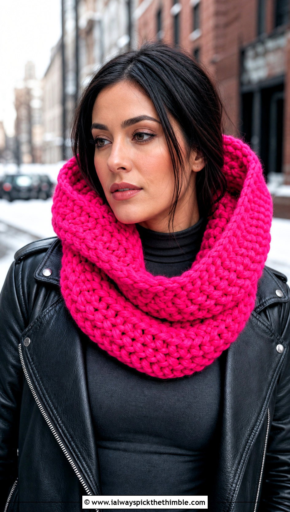 Chunky Hooded Crochet Cowl With Leather Jacket - 20 chunky crochet cowl outfit ideas
