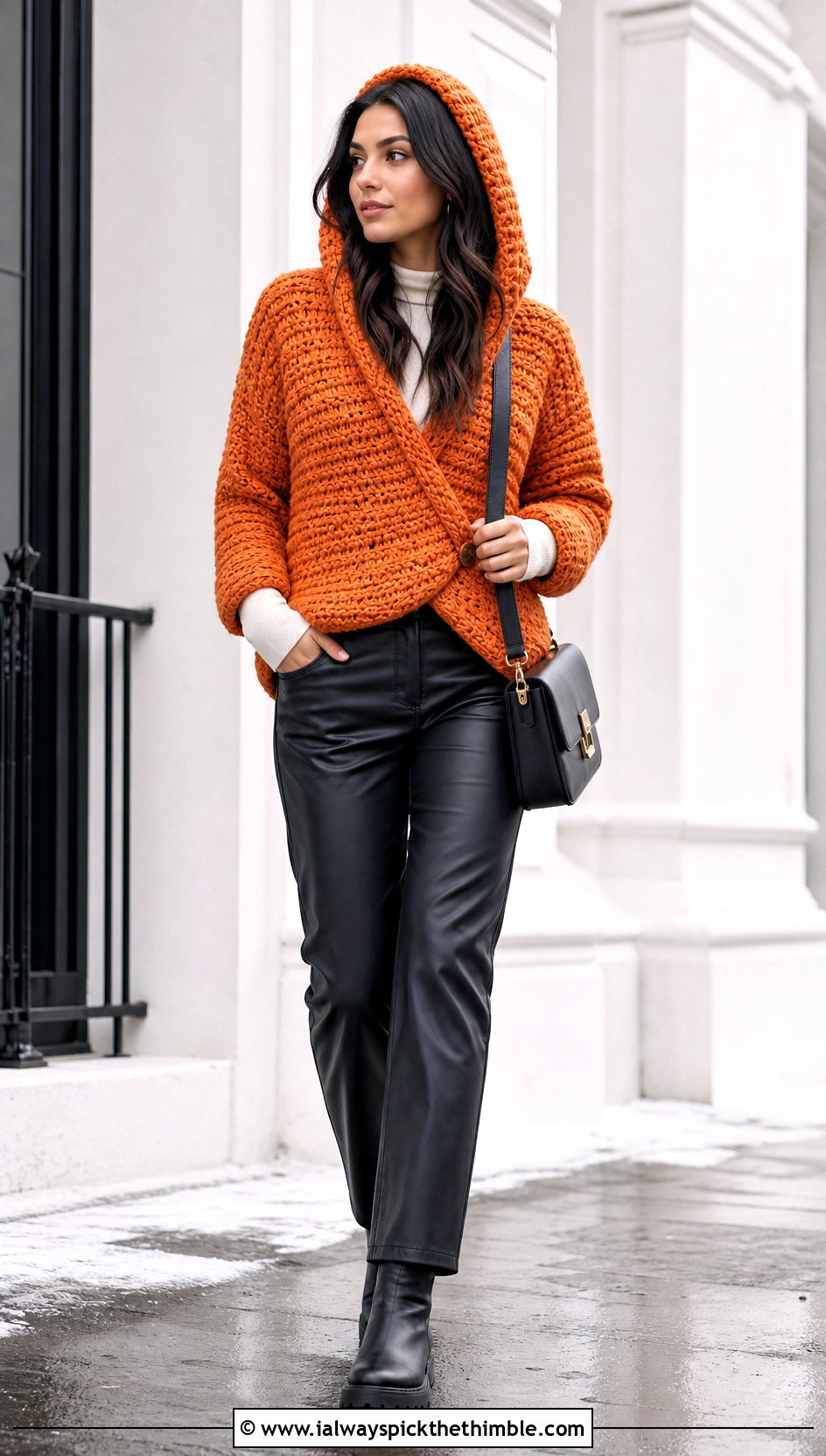 Chunky Hooded Crochet Crossover Sweater With Leather Pants - 15 Crochet Crossover Sweater outfit ideas