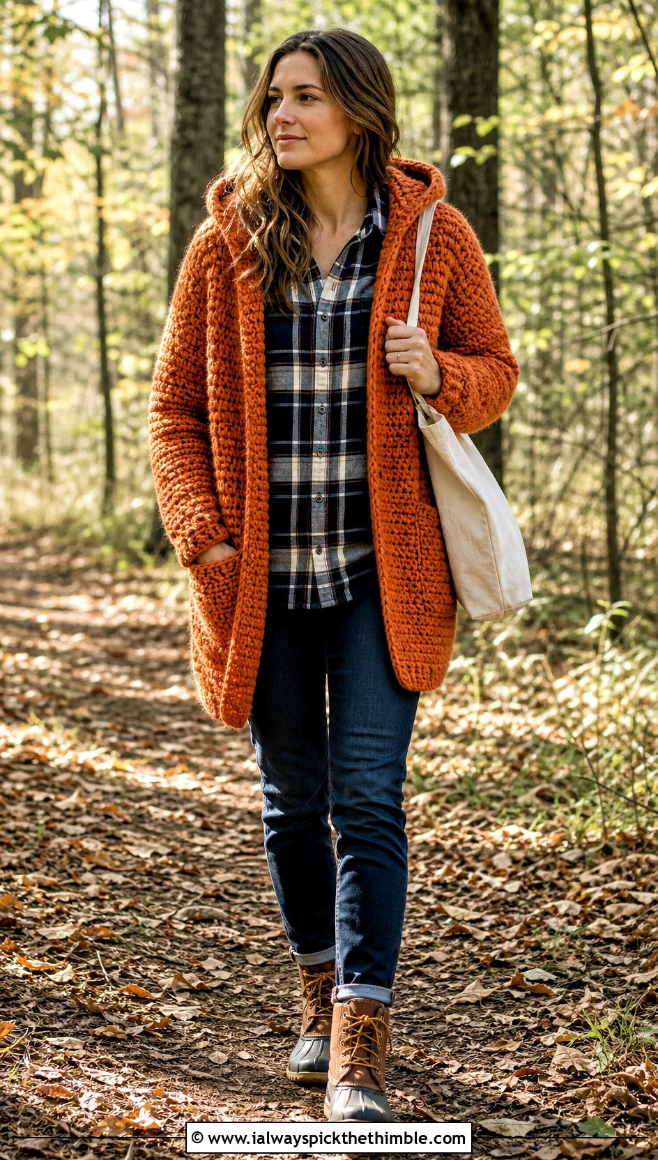 Chunky Hooded Crochet Fall Cardigan With Flannel Shirt - 25 crochet fall cardigan outfit ideas