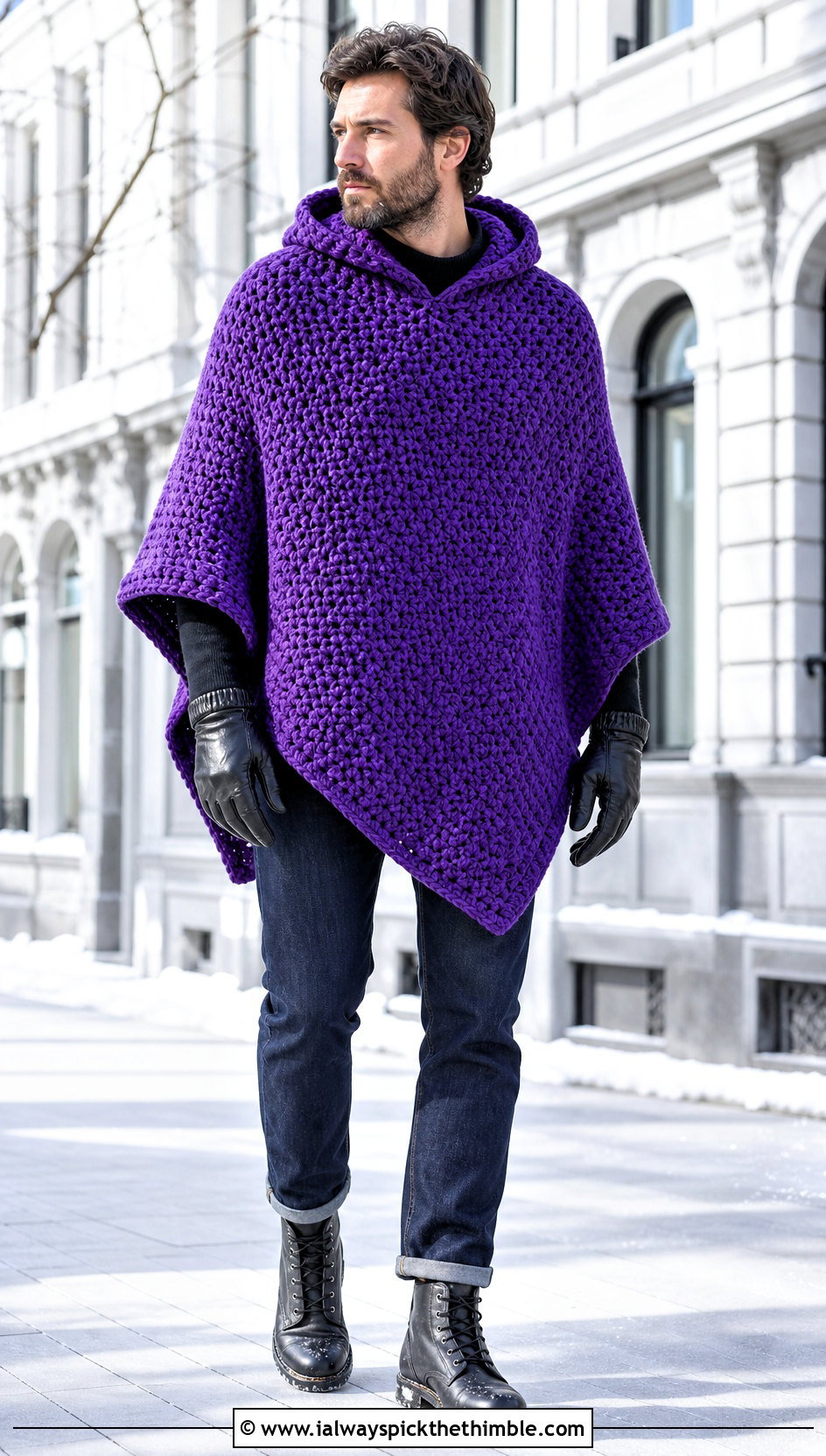 Chunky Hooded Crochet Poncho With Dark Denim - 15 mens hooded crochet poncho outfit ideas