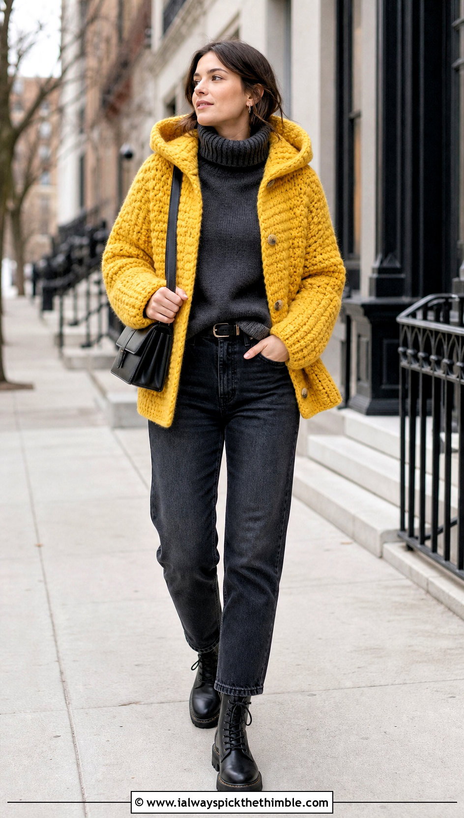 Chunky Hooded Crochet Winter Jacket With Straight Leg Jeans - 20 crochet winter jacket outfit ideas
