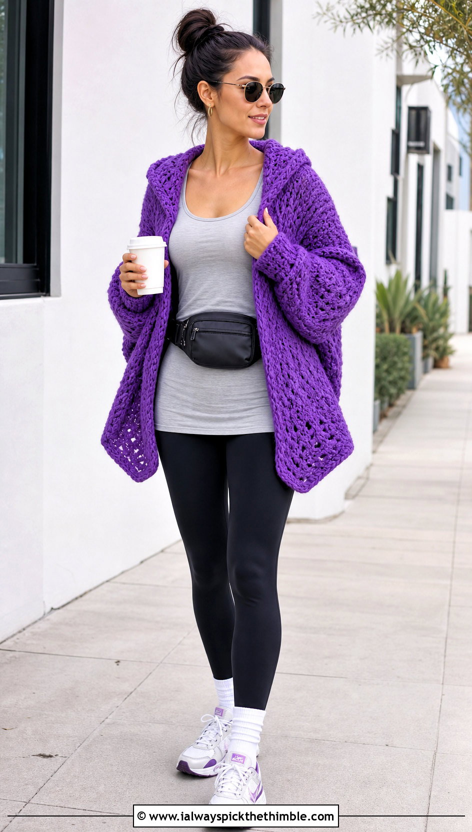 Chunky Hooded Hexagon Cardigan With Black Leggings - 20 Crochet Hexagon Cardigan With Hood outfit ideas