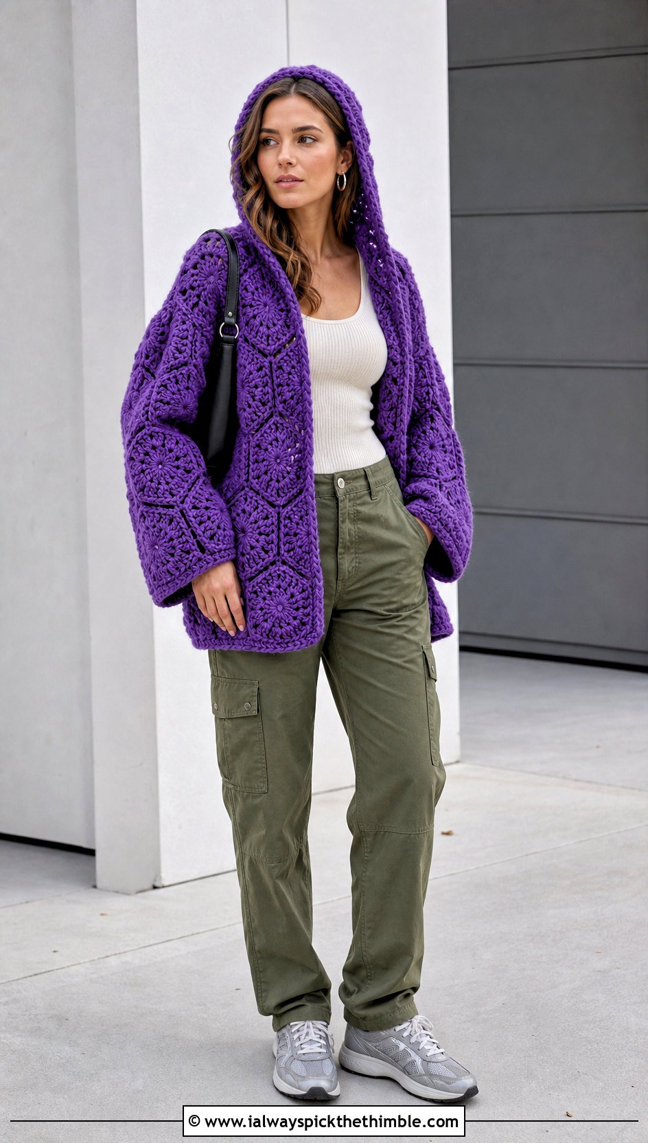 Chunky Hooded Hexagon Cardigan With Cargo Pants - 20 chunky crochet hexagon cardigan outfit ideas