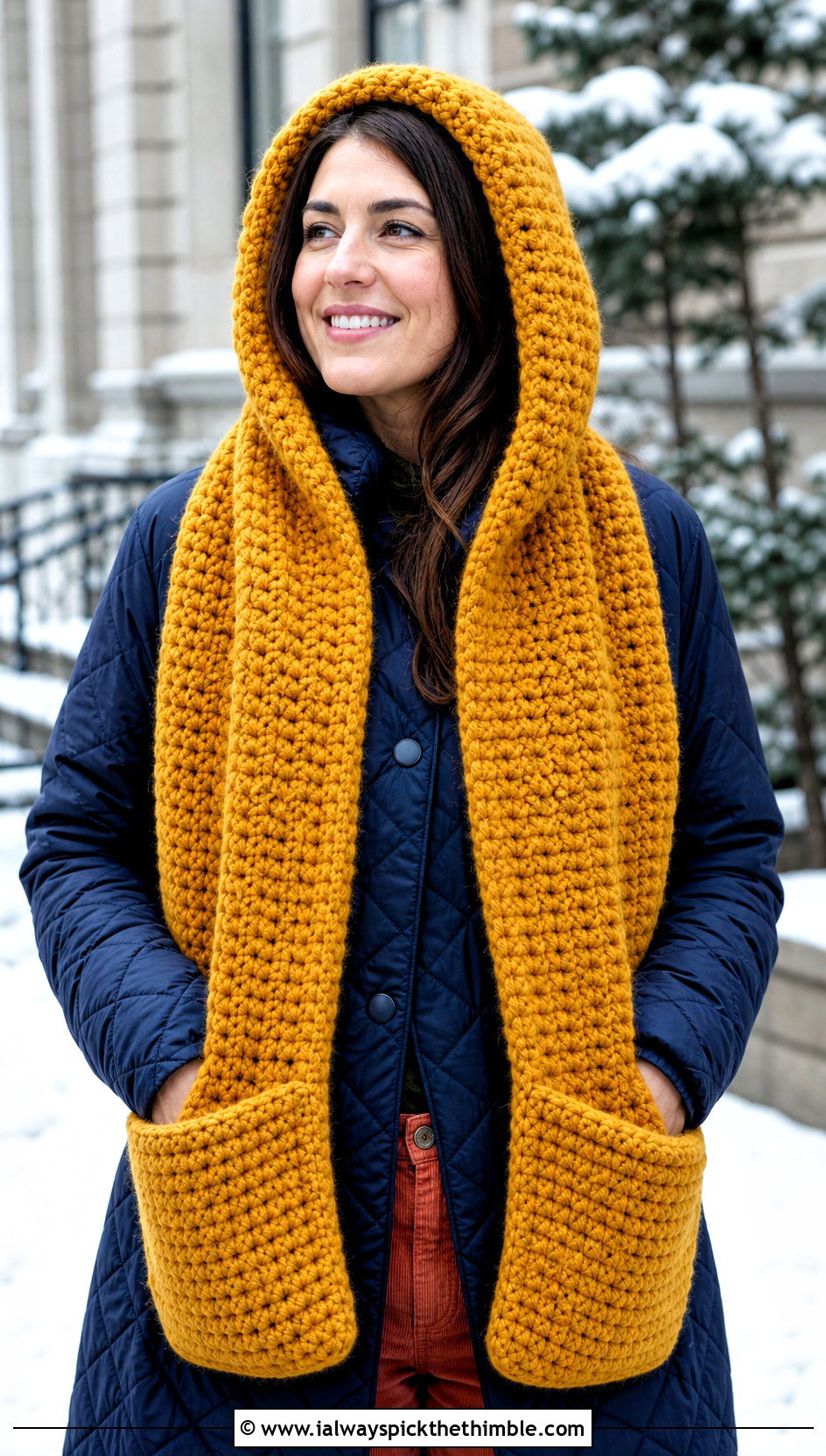 Chunky Hooded Pocket Crochet Scarf With Quilted Coat - 20 Chunky Yarn Crochet Scarf outfit ideas