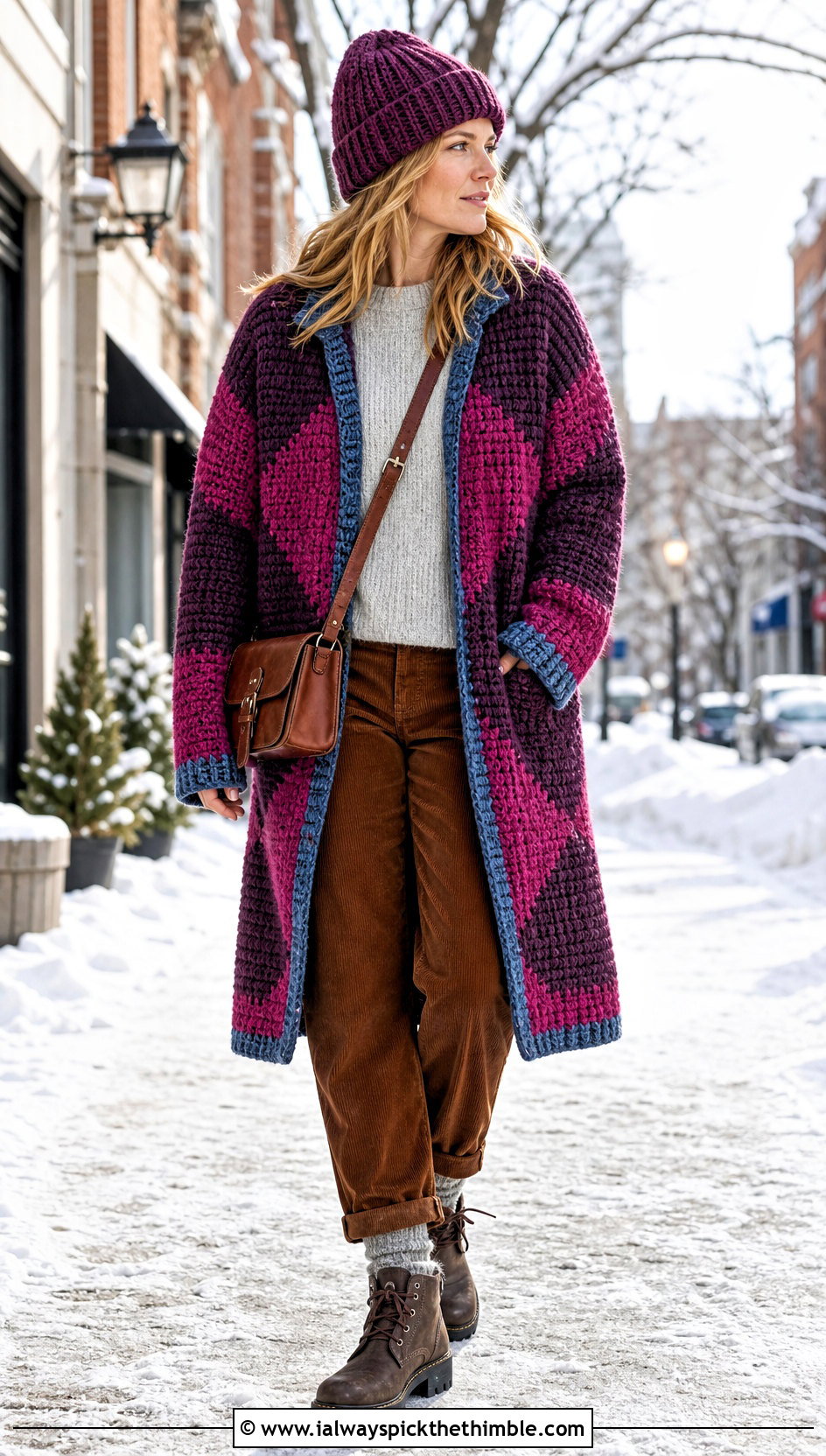 Chunky Howl Crochet Coat With Corduroy Pants - 20 howl crochet coat outfit ideas