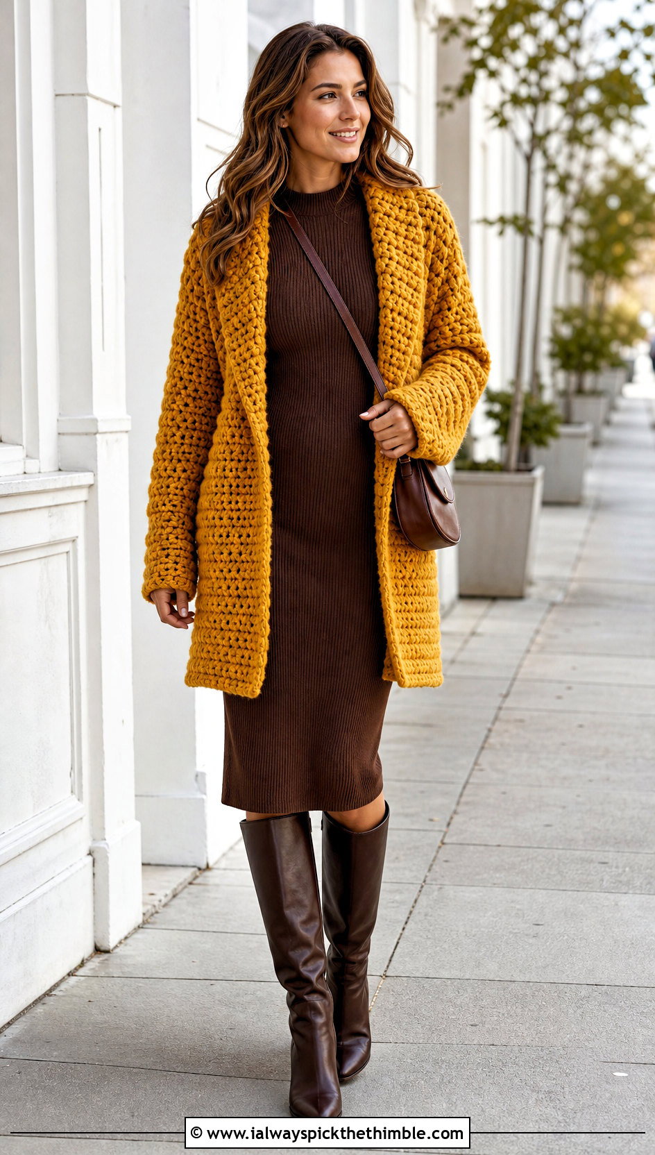 Chunky Howls Crochet Jacket With Ribbed Knit Dress - 20 Howls Crochet Jacket outfit ideas