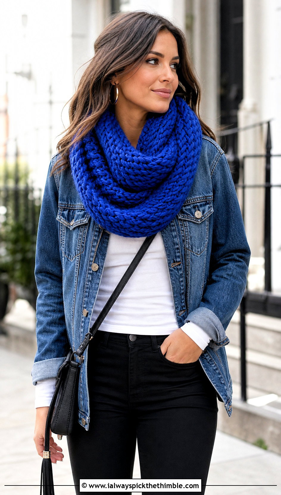 Chunky Infinity Crochet Scarf With Denim Jacket - 20 bulky crochet scarf outfit ideas