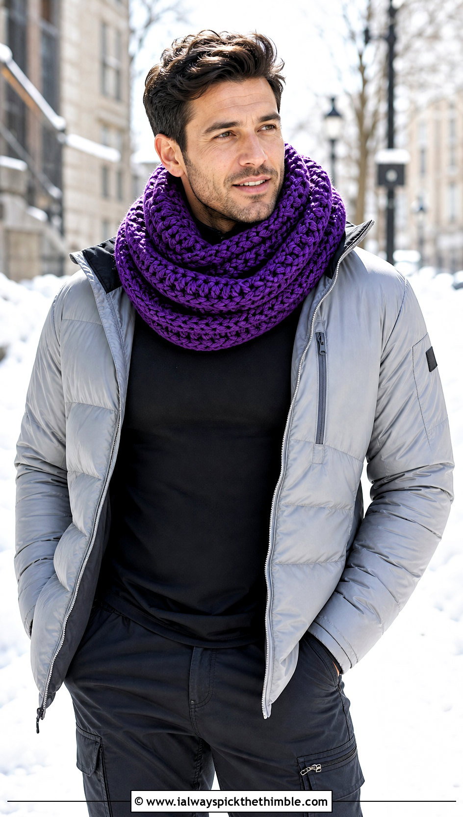 Chunky Infinity Crochet Scarf With Puffer Jacket - 20 Mens Crochet Scarf outfit ideas