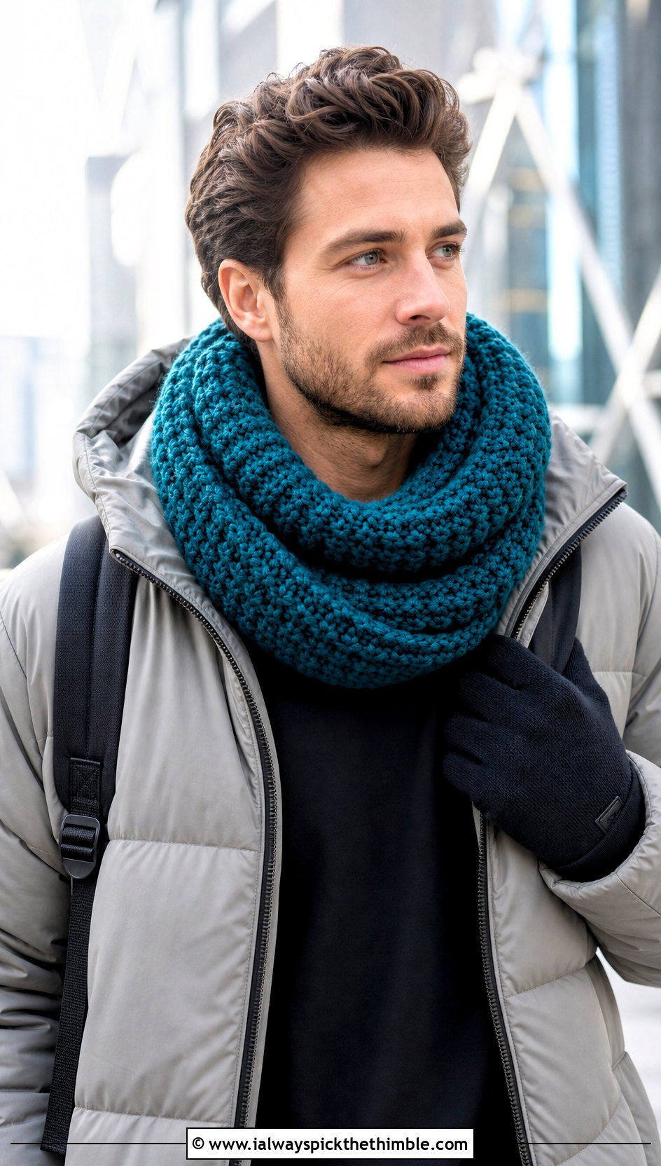 Chunky Infinity Crochet Scarf With Puffer Jacket - 20 Mens Winter Crochet Scarf outfit ideas