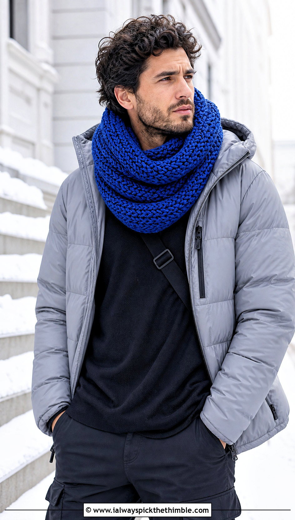 Chunky Infinity Crochet Scarf With Puffer Jacket - 25 men's crochet scarf outfit ideas