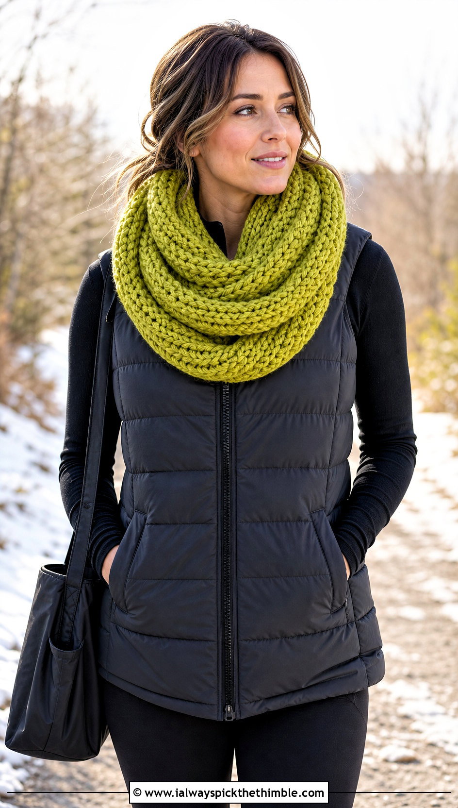 Chunky Infinity Crochet Scarf With Puffer Vest - 25 crochet scarves outfit ideas