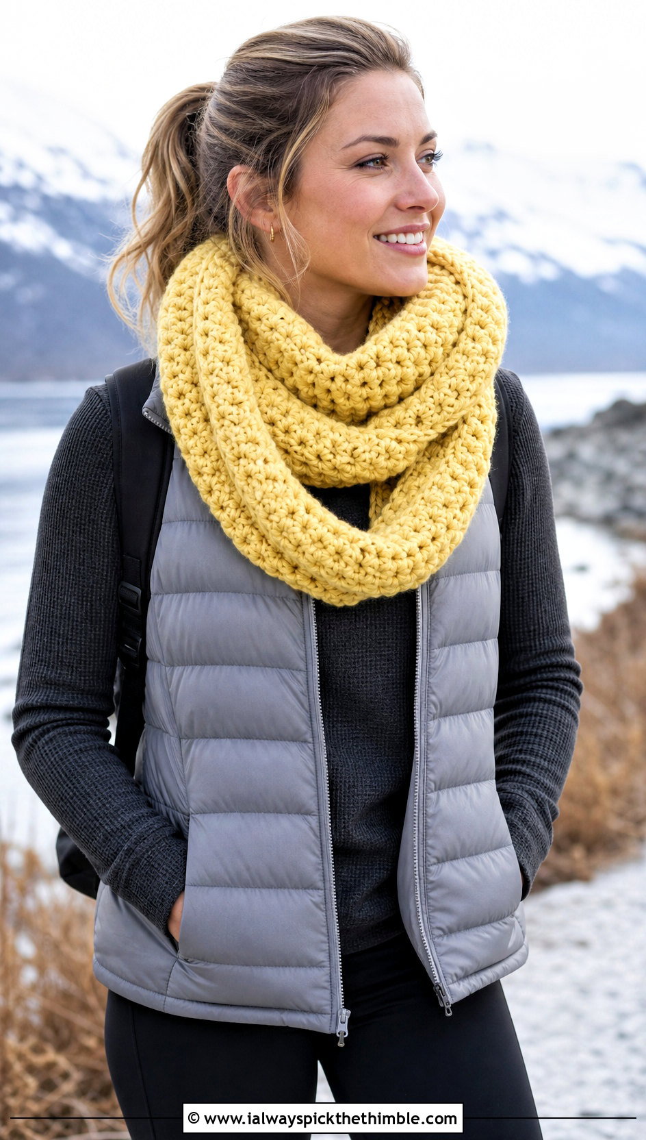 Chunky Infinity Crochet Scarf With Puffer Vest - 25 crocheted scarf outfit ideas