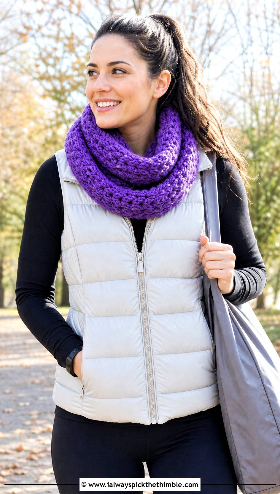 Chunky Infinity Crochet Scarf With Puffer Vest - 25 beginner crochet scarf outfit ideas