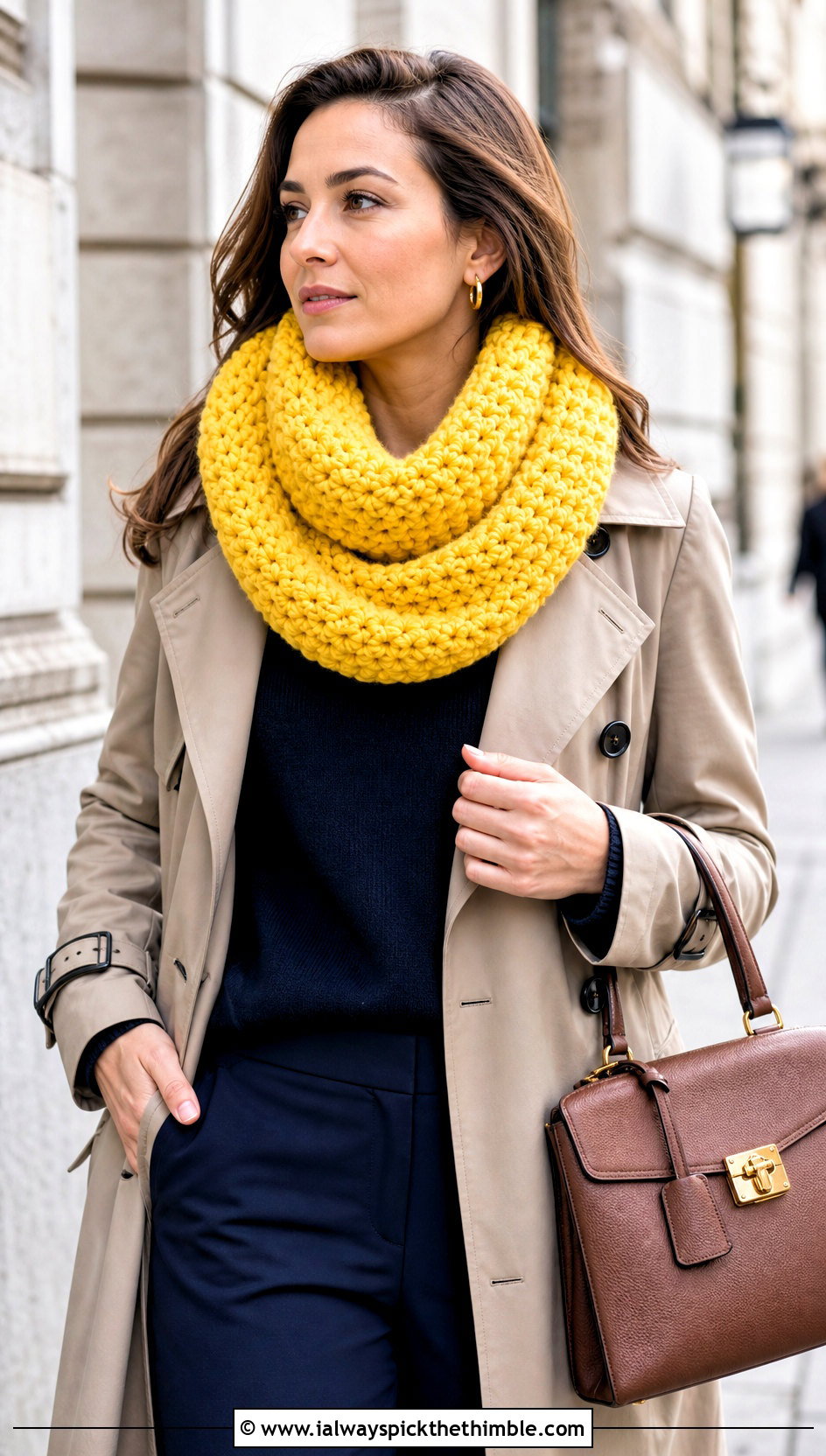 Chunky Infinity Crochet Scarf With Trench Coat - 15 Crochet Scarves Chunky Yarn outfit ideas