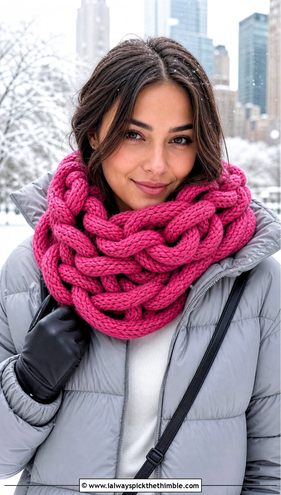 Chunky Infinity Link Scarf With Puffer Jacket - 20 Crochet Chain Link Scarf outfit ideas