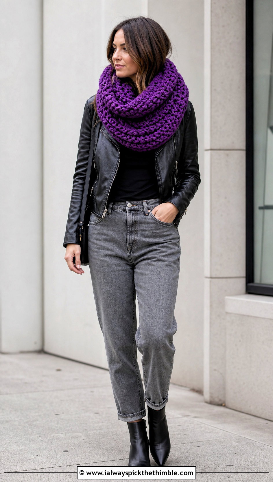 Chunky Infinity Scarf With Leather Jacket - 20 Beginner Crochet Infinity Scarf outfit ideas