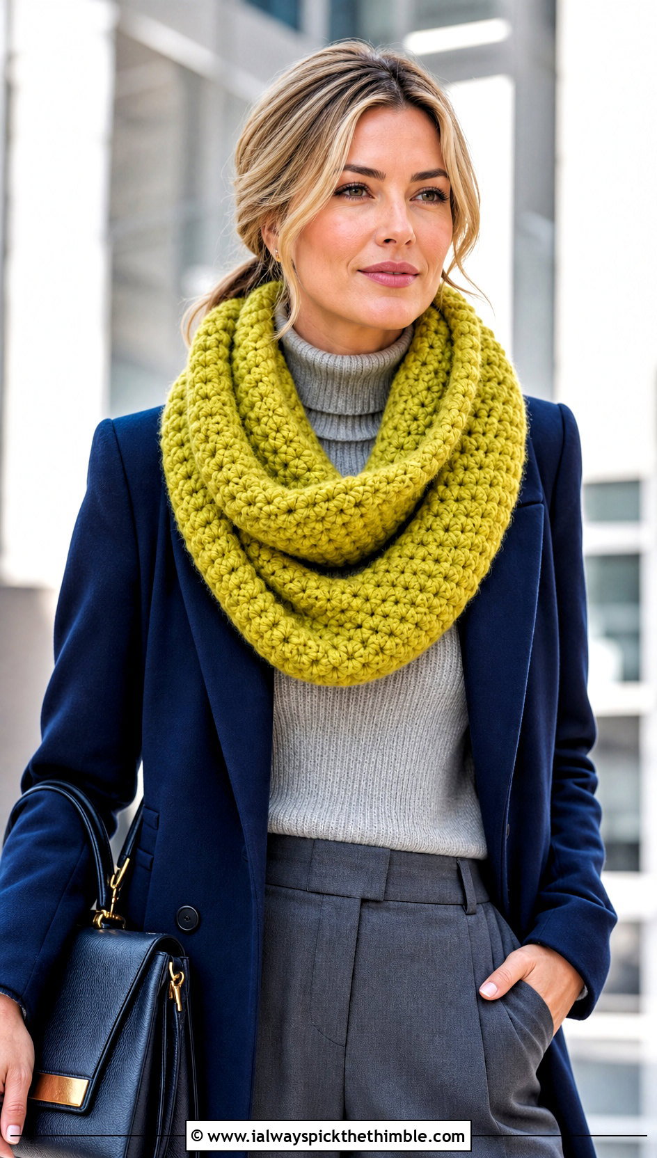 Chunky Infinity Wool Ease Crochet Scarf With Tailored Coat - 15 wool ease crochet scarf outfit ideas